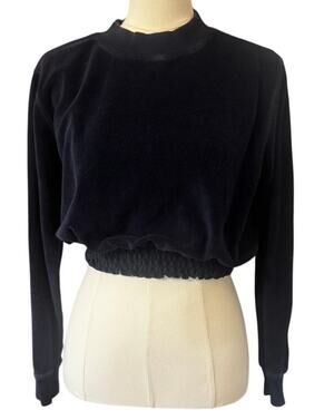Pam & Gela Navy Blue Velour Cropped Sweatshirt Smocked Hem 100% Cotton Size M